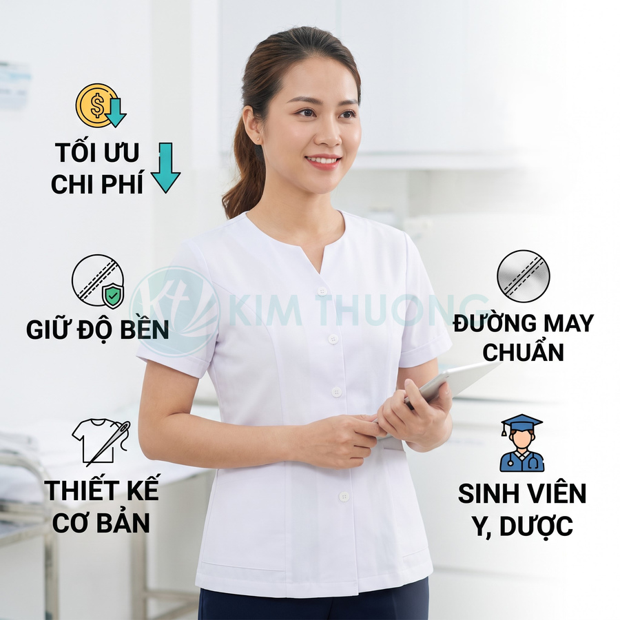 Đồng phục y tế nữ màu trắng thiết kế cơ bản, đường may chuẩn, bền đẹp và tối ưu chi phí cho sinh viên y dược
