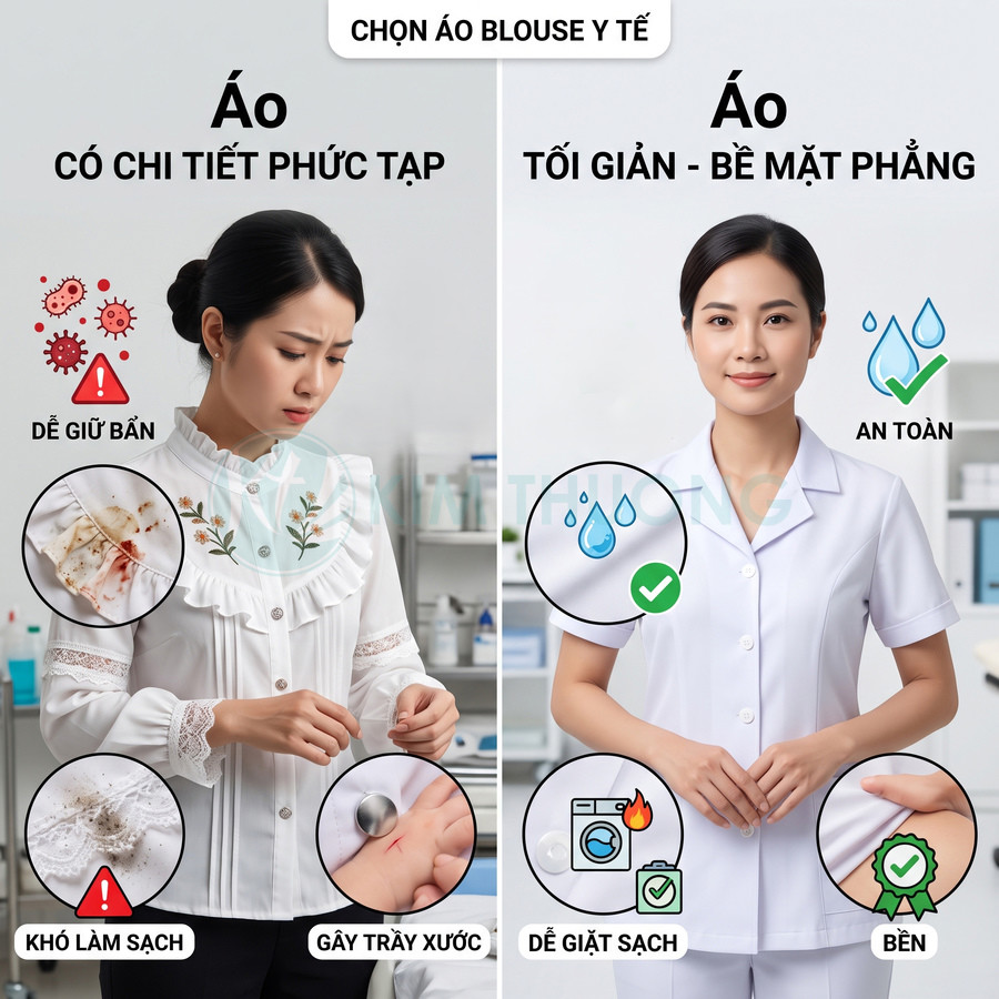 So sánh áo blouse y tế: áo nhiều chi tiết dễ bẩn, khó giặt với áo blouse trắng tối giản an toàn, bền, dễ làm sạch