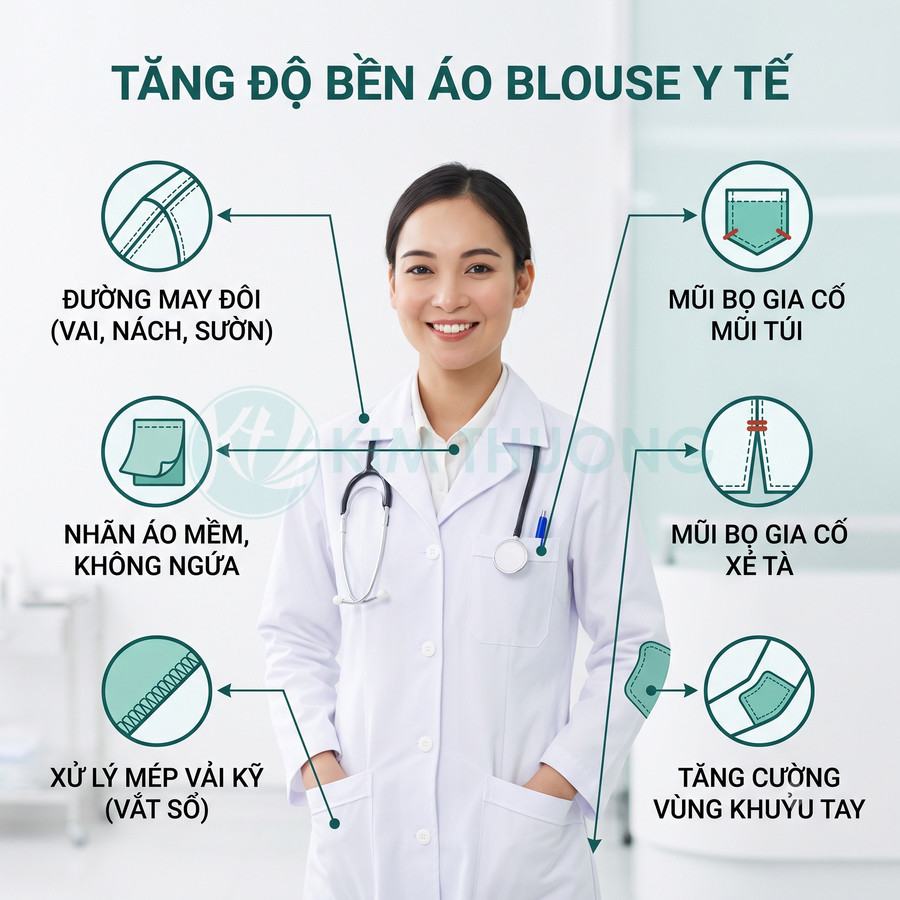 Áo blouse y tế trắng cho bác sĩ với đường may đôi, vải mềm không ngứa, gia cố mũi túi và khuỷu tay tăng độ bền