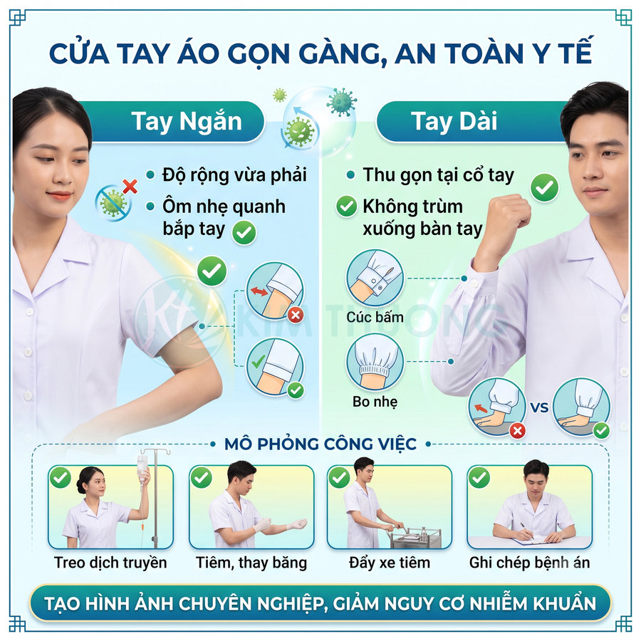 Đồng phục y tá tay ngắn và tay dài bo gọn, mô phỏng các thao tác tiêm truyền và chăm sóc bệnh nhân