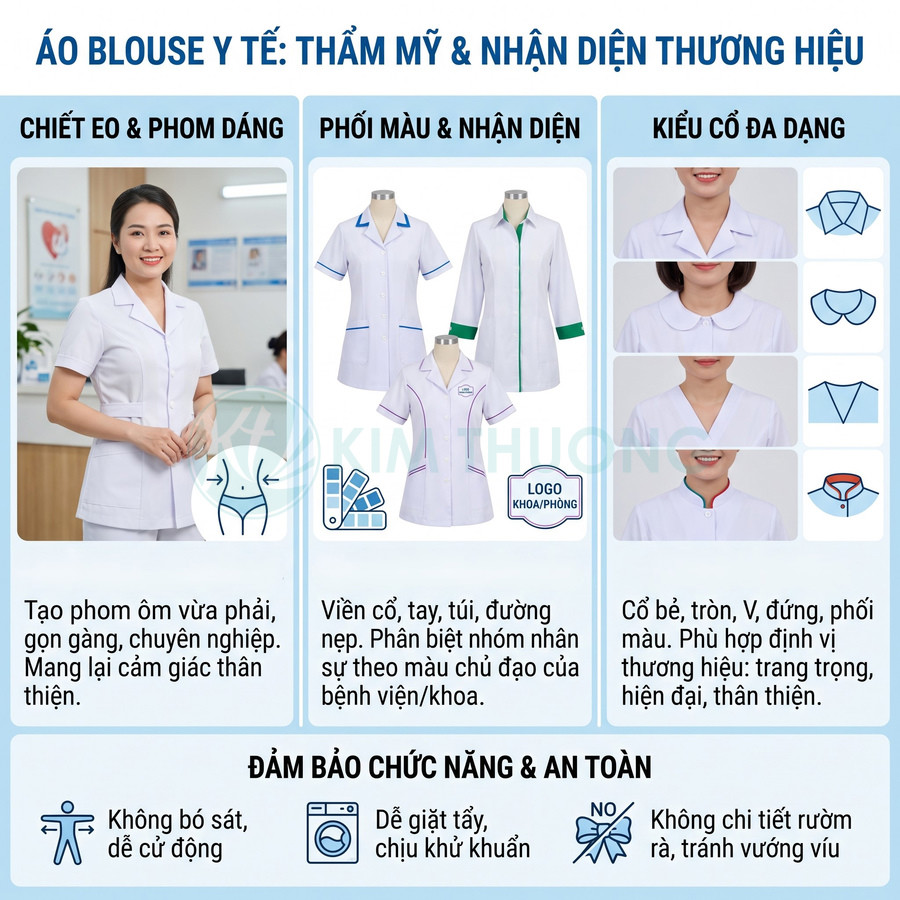 Áo blouse y tế nữ dáng gọn, phối viền màu, nhiều kiểu cổ, thiết kế thoải mái và dễ vận động