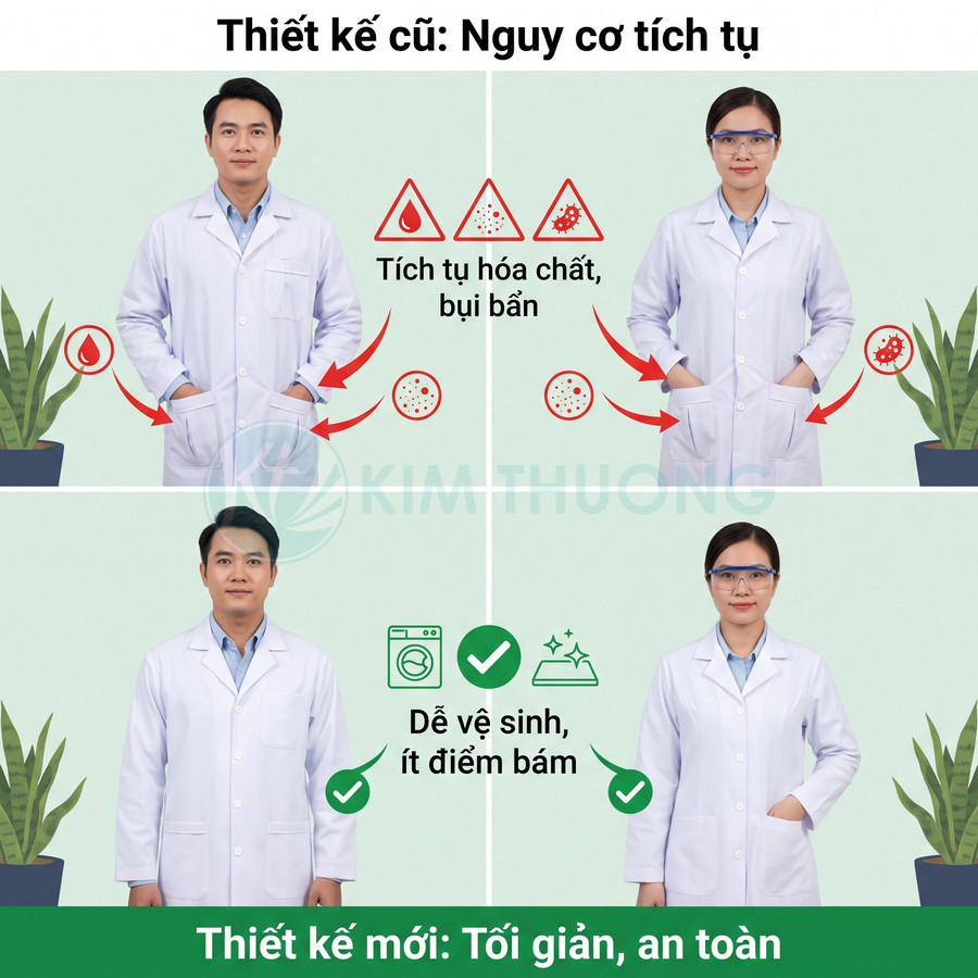 Áo blouse phòng thí nghiệm thiết kế tối giản, dễ vệ sinh và hạn chế bám bẩn so với mẫu cũ