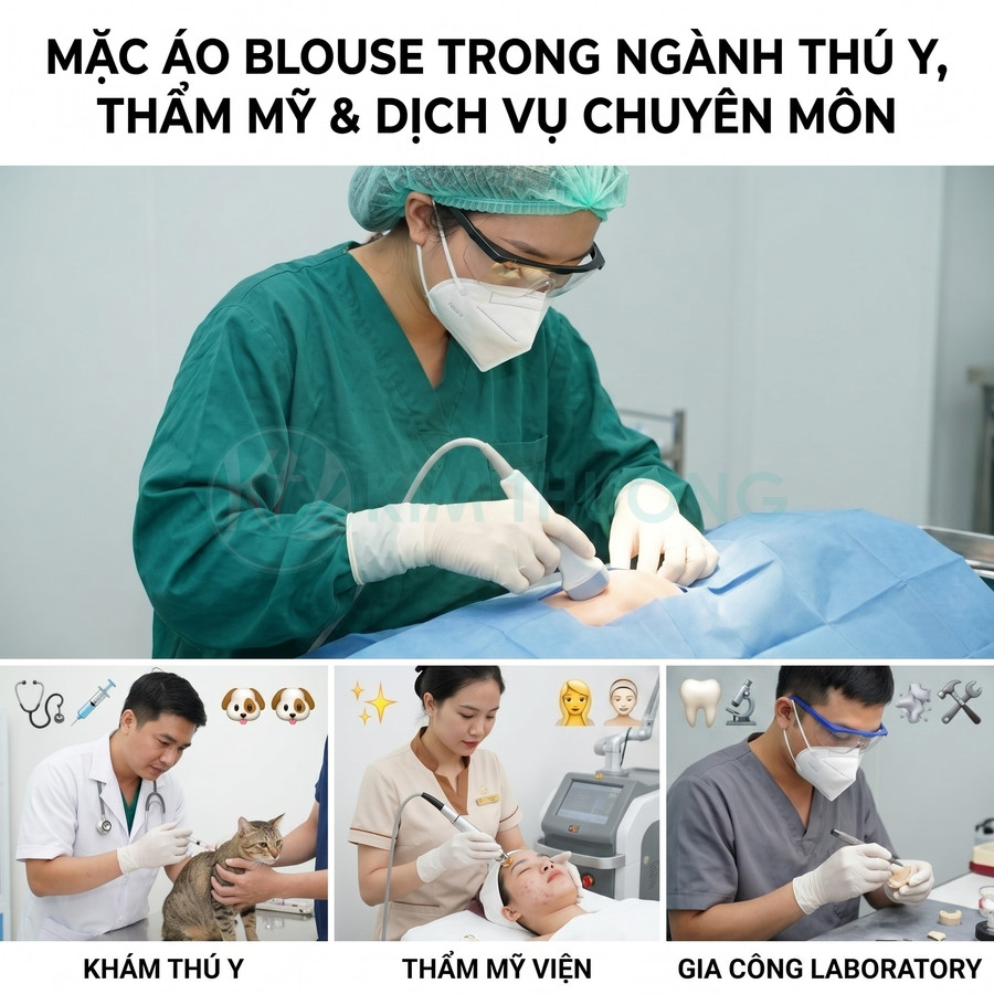 Nhân viên y tế mặc áo blouse và đồ bảo hộ thực hiện khám chữa trong thú y, thẩm mỹ viện và gia công laboratory