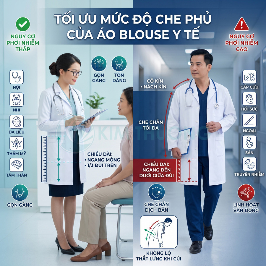 Bác sĩ nam nữ mặc áo blouse y tế trắng dài tối ưu che phủ, tư vấn và thăm khám bệnh nhân trong bệnh viện