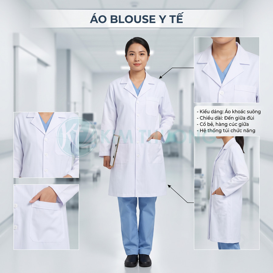Áo blouse y tế trắng dáng dài tay dài cổ bẻ túi trước cho bác sĩ và nhân viên y tế