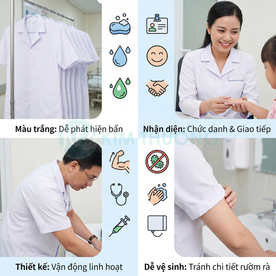 Áo đồng phục y tế màu trắng thiết kế gọn gàng, dễ nhận diện, linh hoạt khi vận động và thuận tiện vệ sinh
