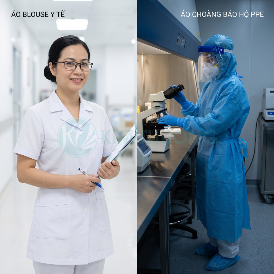 Áo blouse y tế trắng và áo choàng bảo hộ PPE xanh cho nhân viên y tế trong bệnh viện