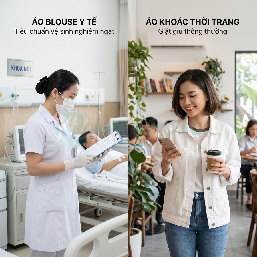 So sánh áo blouse y tế trắng trong bệnh viện và áo khoác thời trang trắng khi đi cà phê