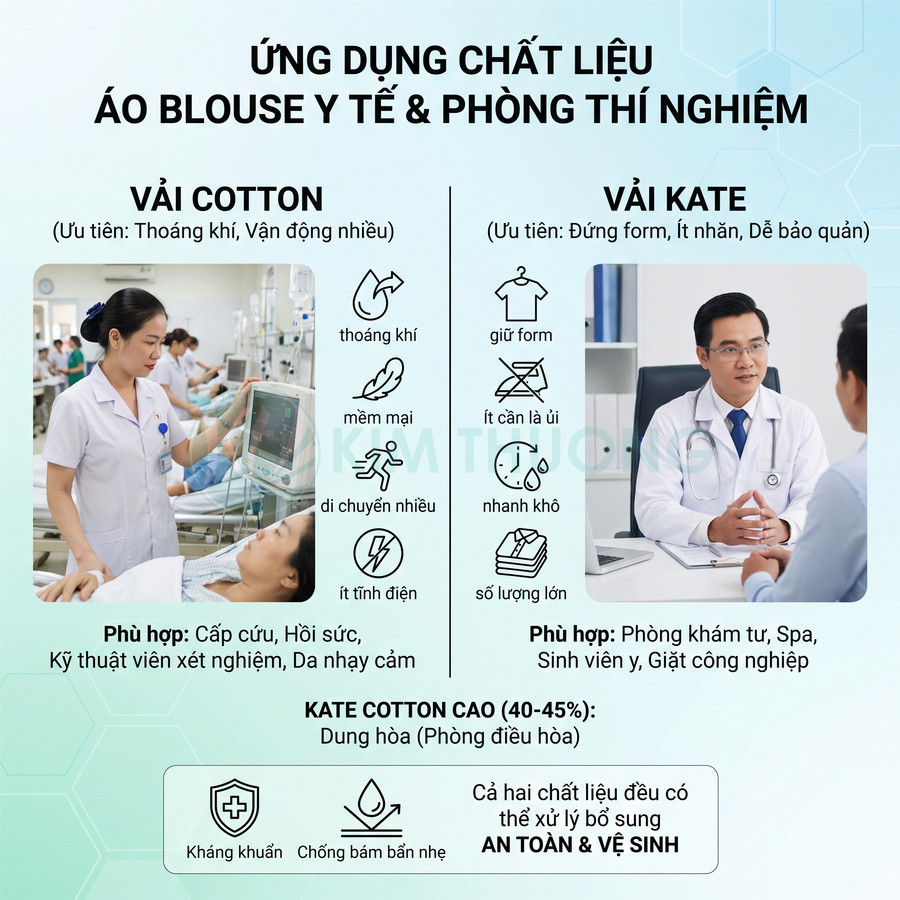 So sánh vải cotton và vải kate dùng may áo blouse y tế, với ưu điểm và môi trường sử dụng phù hợp.