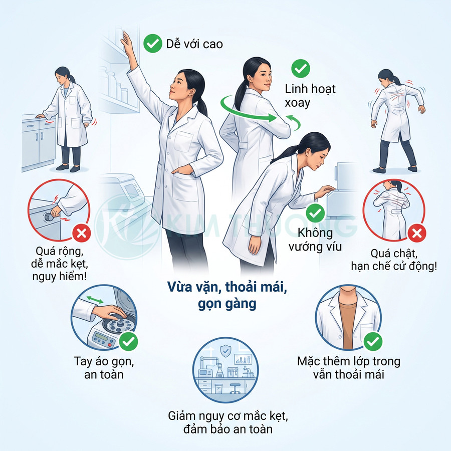 Áo blouse phòng thí nghiệm vừa vặn, dễ vận động, tay áo gọn và thoải mái khi mặc thêm lớp trong