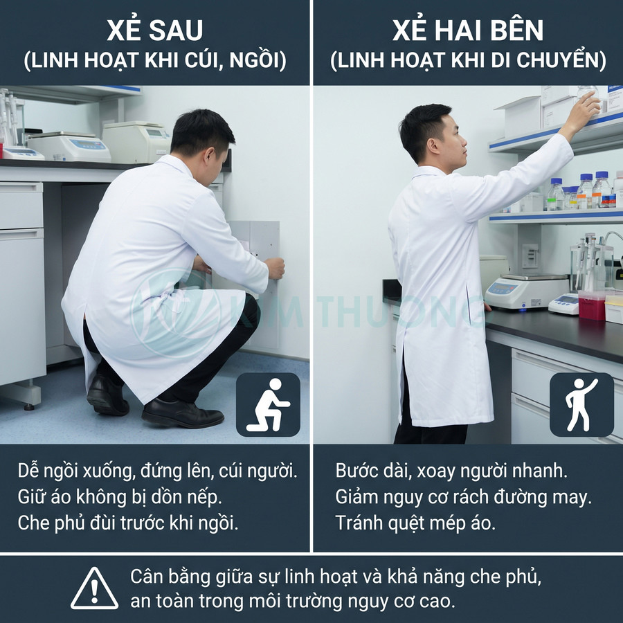 Áo blouse phòng thí nghiệm xẻ sau và hai bên, giúp dễ cúi ngồi và di chuyển linh hoạt