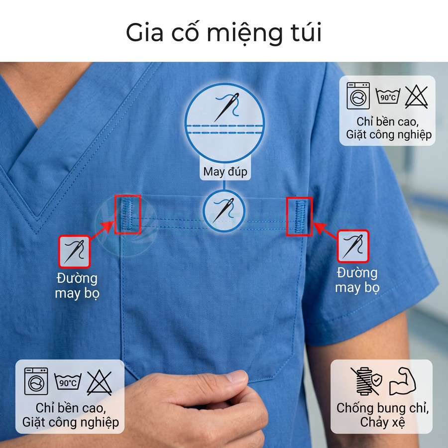 Áo blouse y tế màu xanh với túi ngực được gia cố đường may bo và may đúp chống bung chỉ, chịu giặt công nghiệp