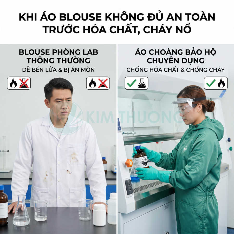 So sánh blouse phòng lab thông thường và áo choàng bảo hộ chuyên dụng chống hóa chất, chống cháy trong phòng thí nghiệm