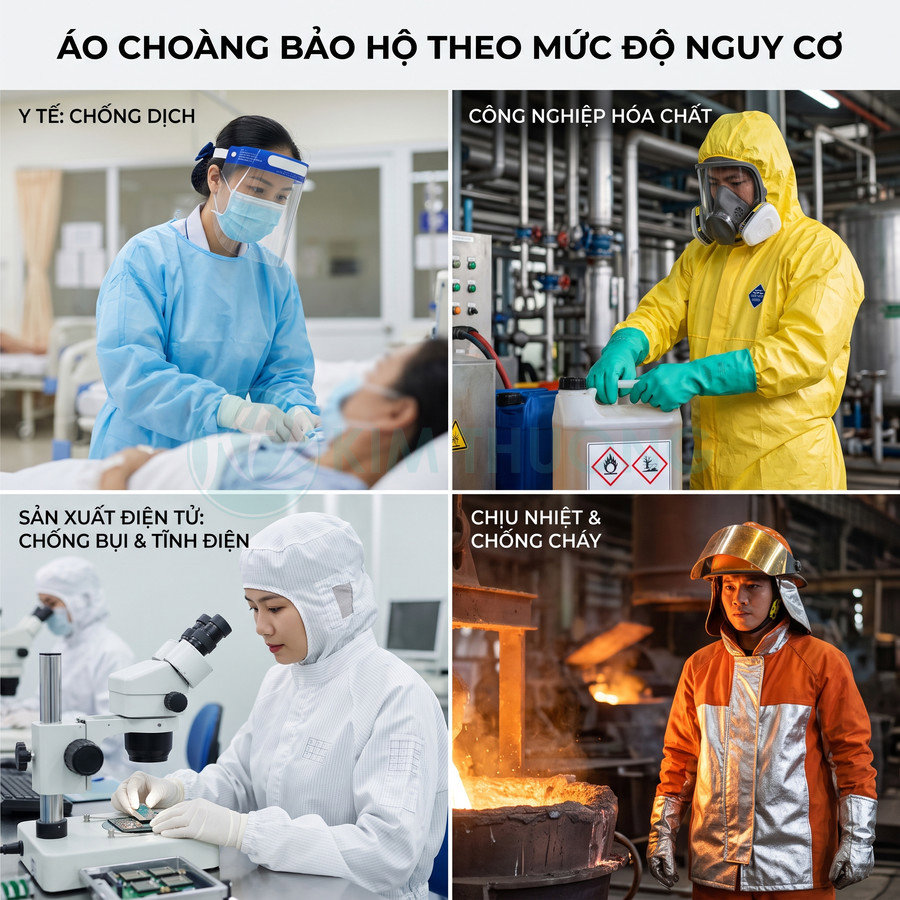 Các loại áo choàng bảo hộ chuyên dụng cho y tế, công nghiệp hóa chất, sản xuất điện tử và môi trường chịu nhiệt