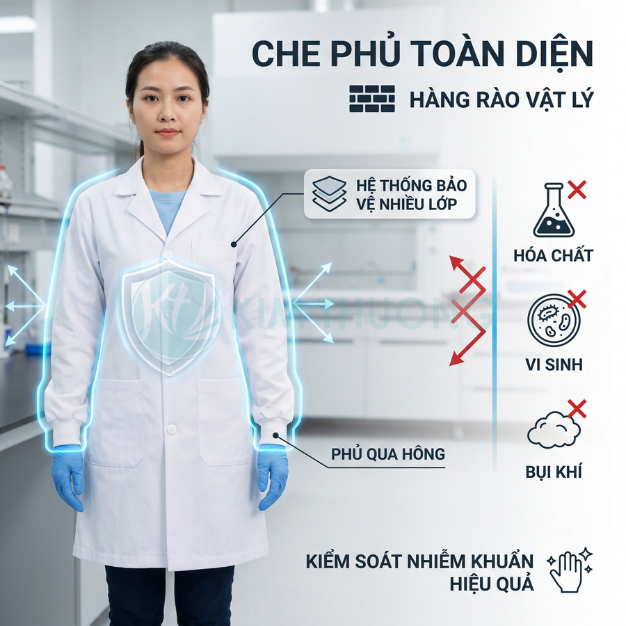 Áo blouse bảo hộ màu trắng dài tay phủ qua hông, kết hợp găng tay xanh, minh họa khả năng ngăn hóa chất, vi sinh và bụi khí