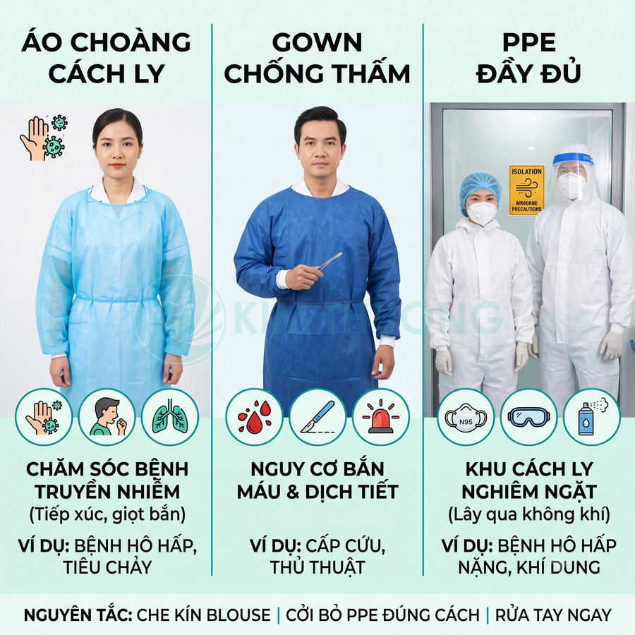 So sánh áo choàng cách ly, gown chống thấm và bộ PPE đầy đủ cho nhân viên y tế trong bệnh viện