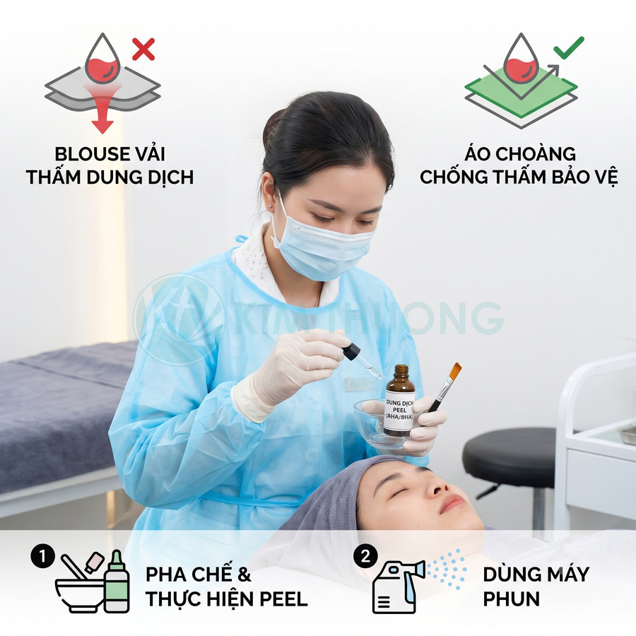 Kỹ thuật viên spa mặc áo choàng chống thấm đang pha dung dịch peel da và điều trị cho khách hàng
