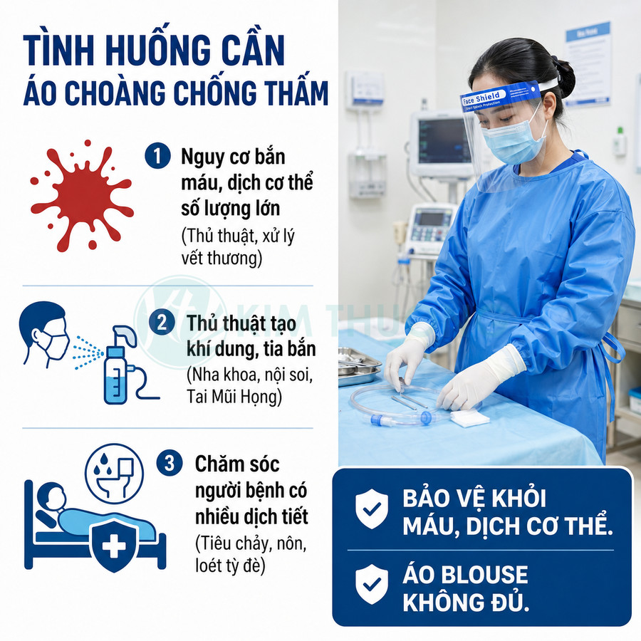 Nhân viên y tế mặc áo choàng chống thấm màu xanh và đồ bảo hộ đang chuẩn bị dụng cụ trong phòng khám