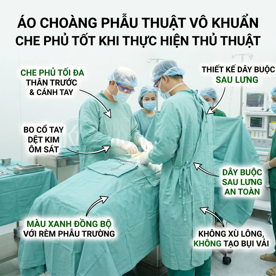 Áo choàng phẫu thuật vô khuẩn màu xanh cho bác sĩ phẫu thuật, che phủ toàn thân và tay, dây buộc sau lưng an toàn