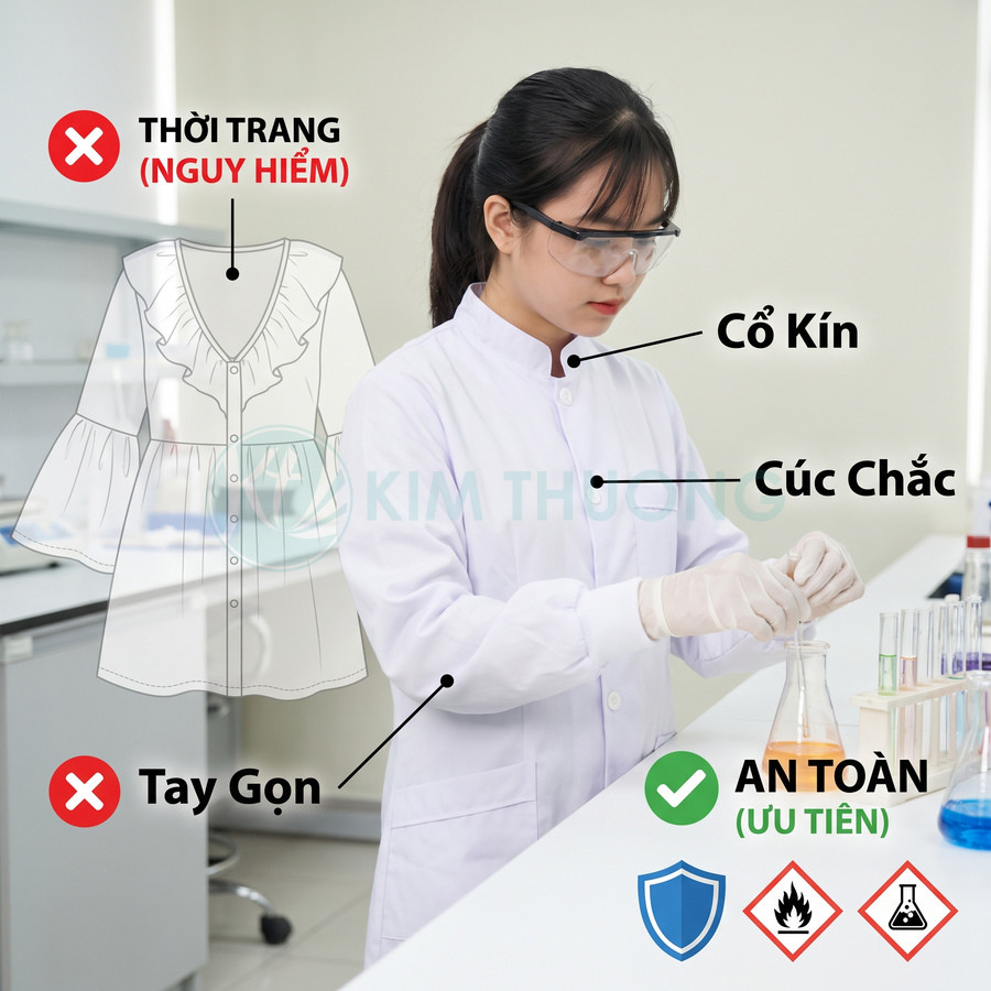 Áo blouse phòng thí nghiệm trắng cổ kín, cúc chắc và tay dài giúp bảo vệ an toàn khi làm việc với hóa chất
