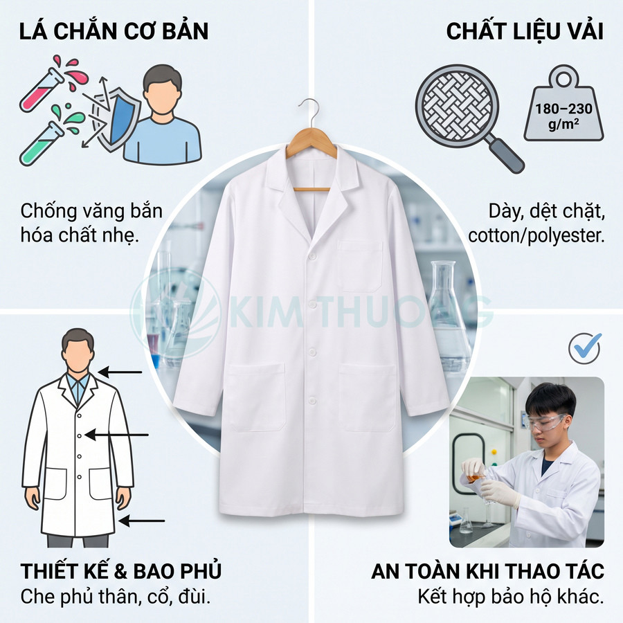 Áo blouse phòng thí nghiệm màu trắng dài tay, cổ bẻ, có túi trước, chất liệu cotton polyester dệt dày.