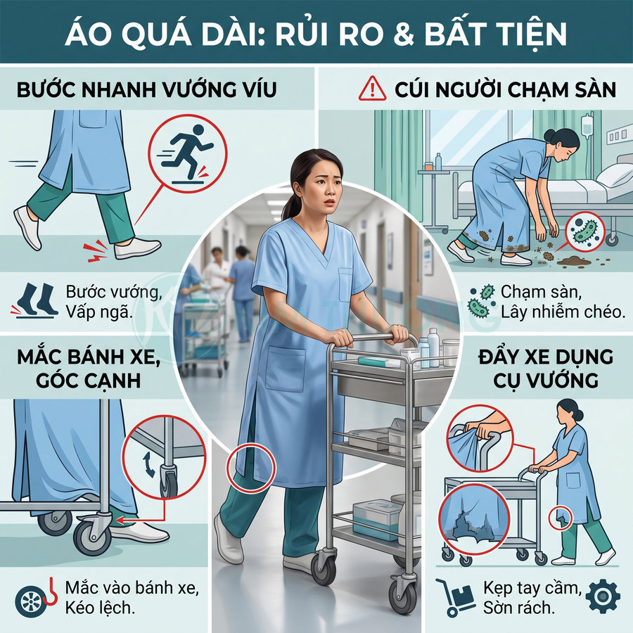 Đồng phục y tá quá dài gây vướng víu, dễ vấp ngã, chạm sàn bẩn và mắc vào bánh xe xe đẩy dụng cụ