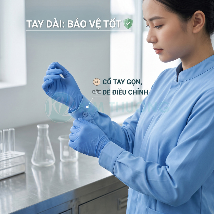 Nhân viên phòng thí nghiệm mặc áo blouse tay dài, đeo găng tay y tế màu xanh trong không gian làm việc sạch