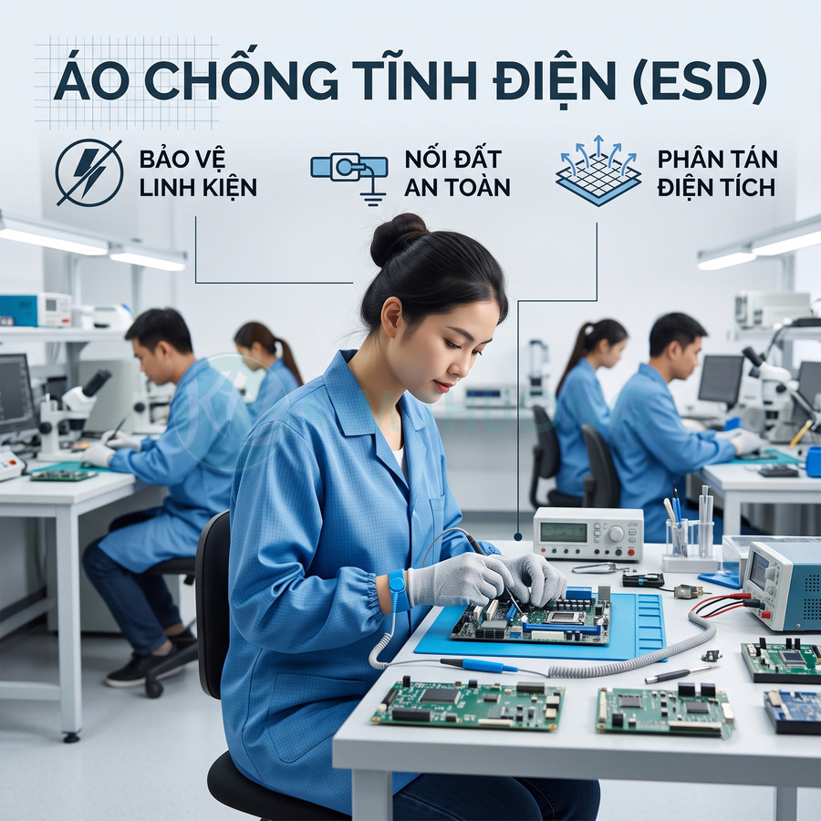 Kỹ thuật viên mặc áo chống tĩnh điện ESD lắp ráp bo mạch điện tử trong phòng lab hiện đại