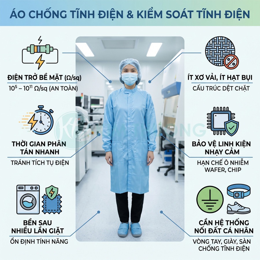 Áo choàng phòng sạch chống tĩnh điện màu xanh, giúp hạn chế bụi và bảo vệ linh kiện nhạy cảm