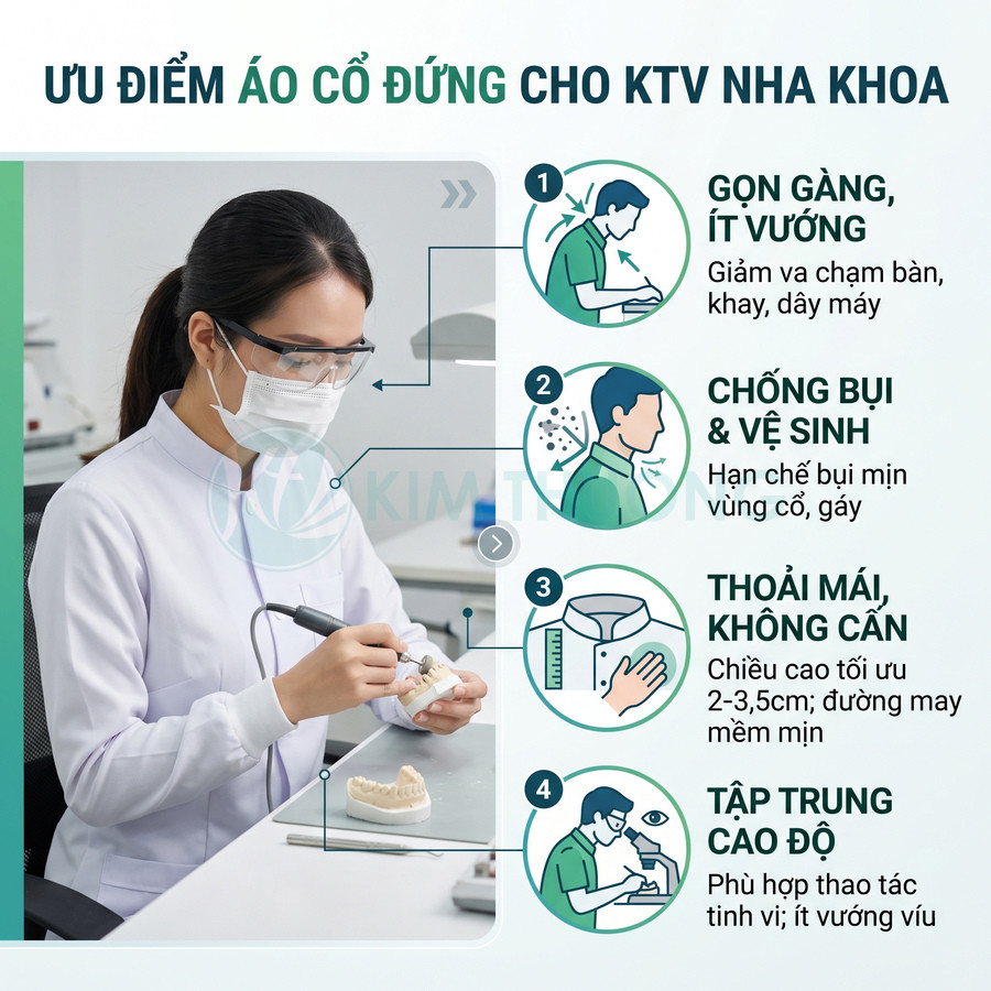 Kỹ thuật viên nha khoa mặc áo blouse cổ đứng màu trắng đang làm việc với mẫu răng trong phòng khám
