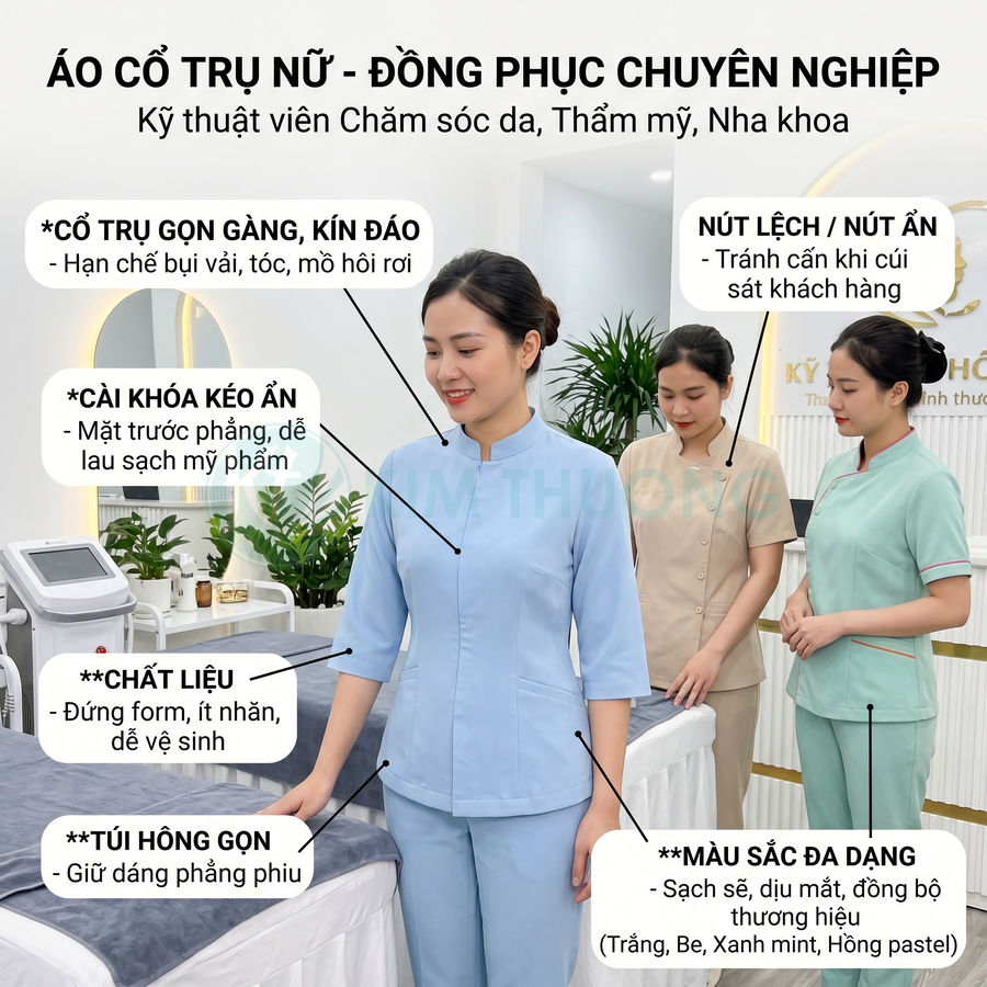 Đồng phục áo cổ trụ nữ cho kỹ thuật viên spa thẩm mỹ màu xanh nhạt, thiết kế tay lửng, túi hông gọn gàng