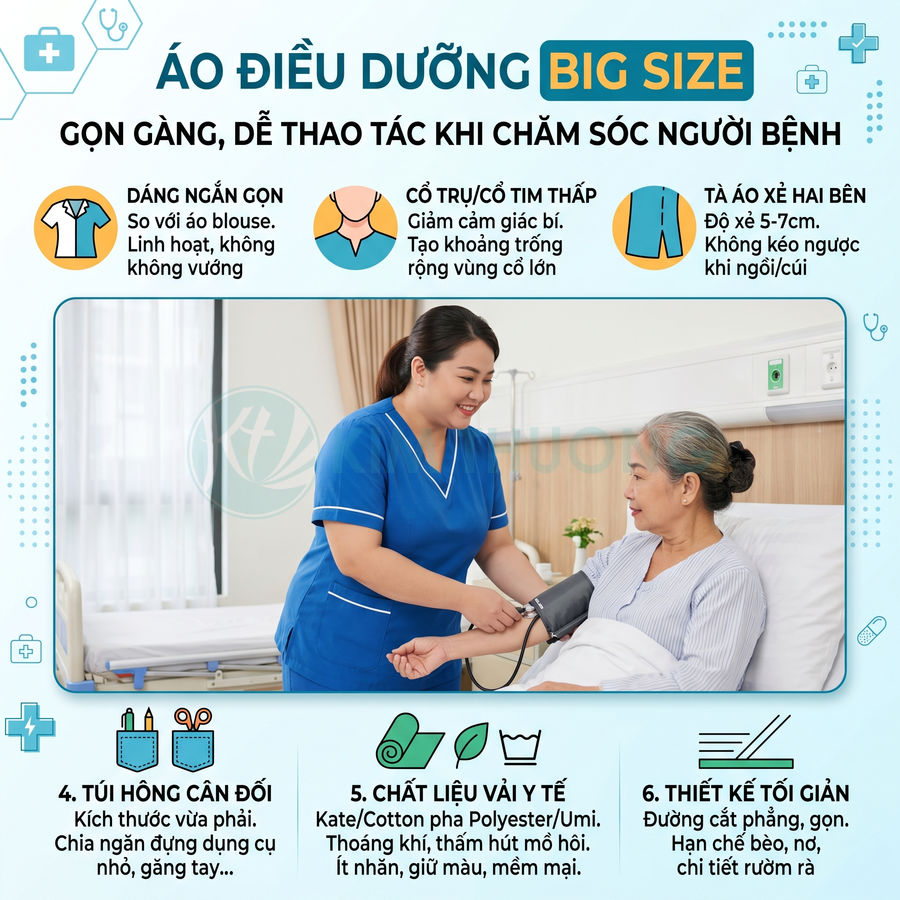 Áo điều dưỡng big size màu xanh cho nữ y tá đang đo huyết áp cho bệnh nhân cao tuổi trên giường bệnh