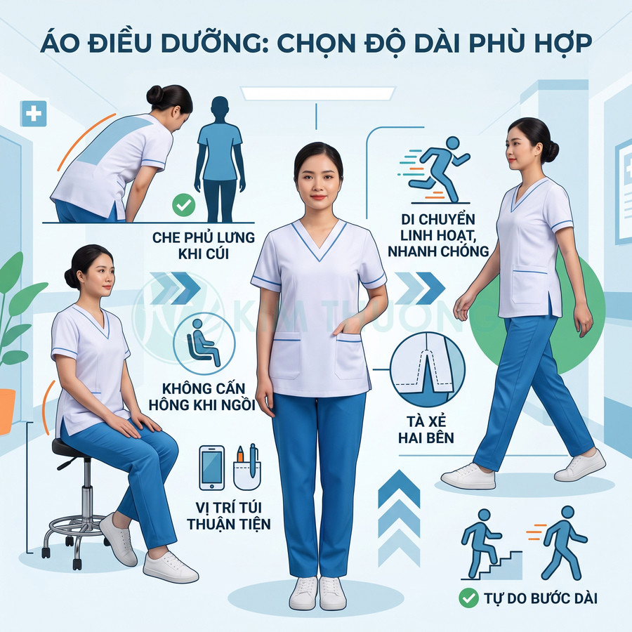 Áo điều dưỡng nữ màu trắng xanh dáng suông, tạ xẻ hai bên, túi trước tiện dụng, giúp che lưng và di chuyển linh hoạt
