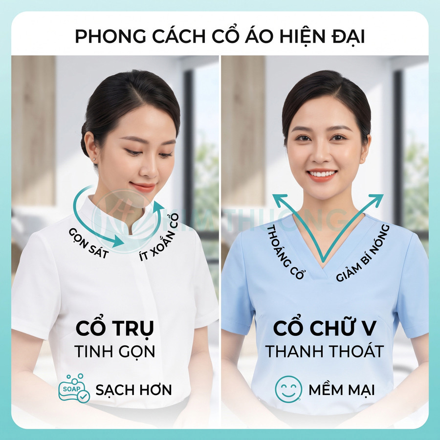 So sánh đồng phục y tá cổ trụ trắng và cổ chữ V xanh, làm nổi bật sự tinh gọn và thoáng mát