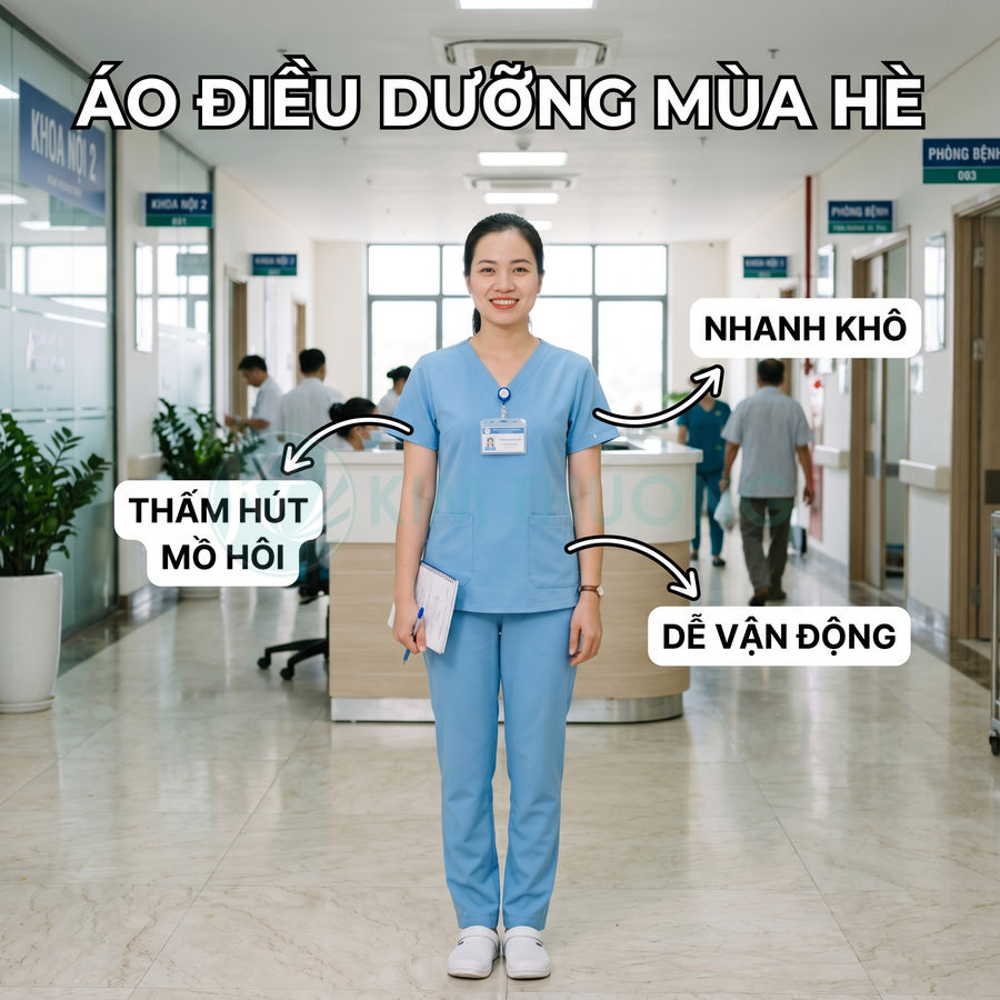 Đồng phục điều dưỡng mùa hè màu xanh dương thấm hút mồ hôi, nhanh khô, dễ vận động trong bệnh viện