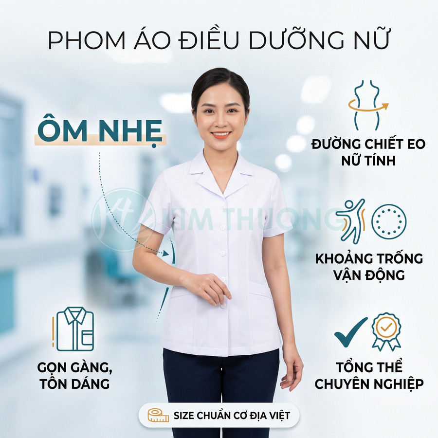 Nữ điều dưỡng mặc áo blouse trắng phom ôm nhẹ, gọn gàng tôn dáng trong bệnh viện