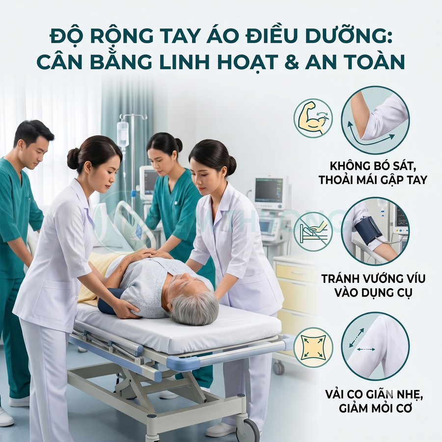 Áo điều dưỡng tay rộng co giãn giúp y tá di chuyển bệnh nhân trên giường bệnh an toàn và thoải mái