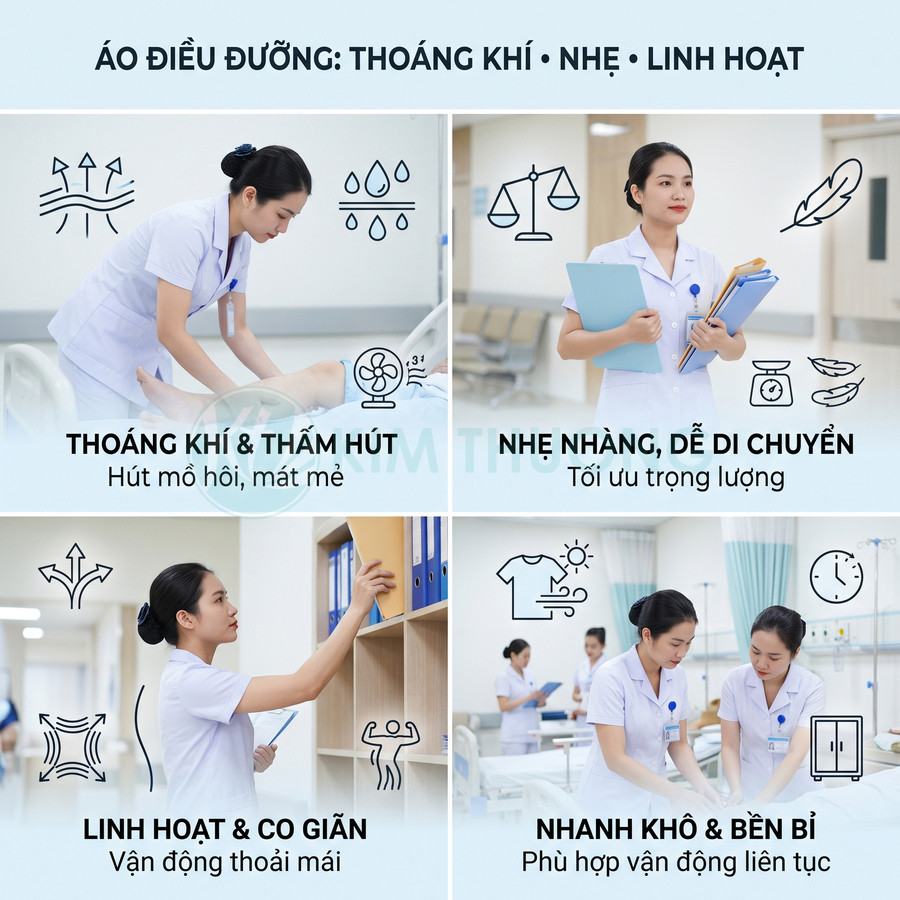 Áo điều dưỡng nữ màu trắng thoáng khí co giãn, y tá chăm sóc bệnh nhân và làm việc trong bệnh viện