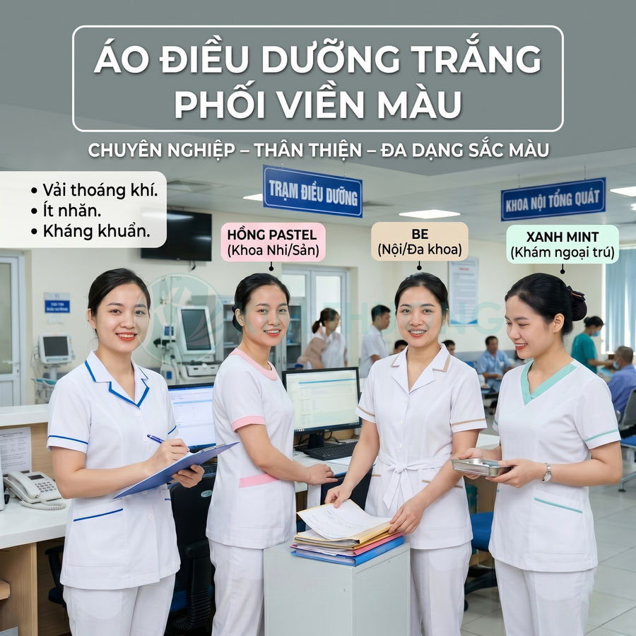 Áo điều dưỡng trắng phối viền màu cho y tá nữ trong bệnh viện, chất liệu thoáng khí kháng khuẩn