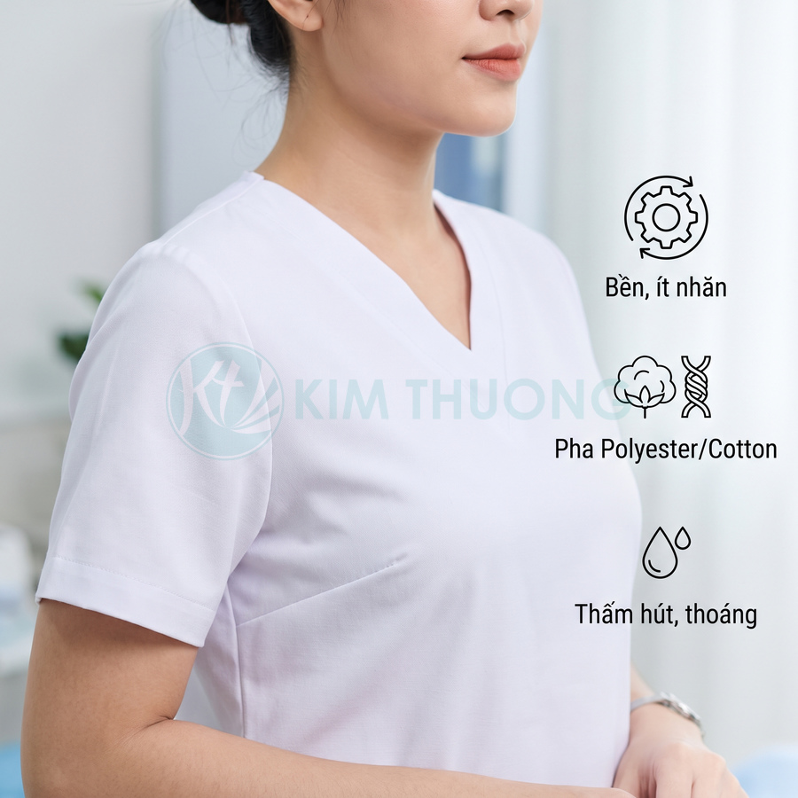 Áo blouse y tế nữ màu trắng cổ tim, vải pha polyester và cotton thấm hút, thoáng mát, ít nhăn