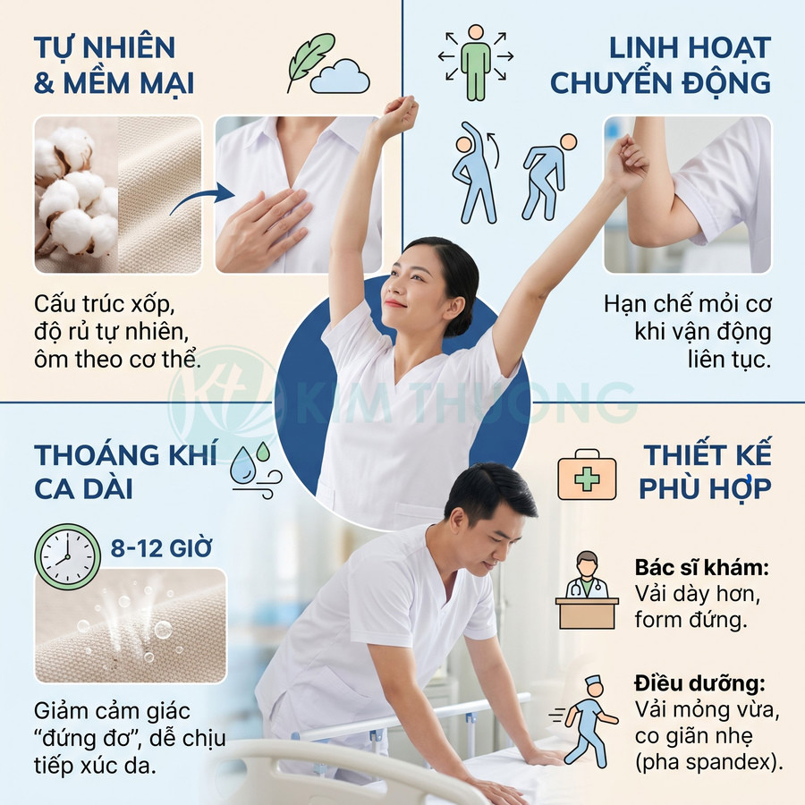 Đồng phục y tế màu trắng với chất vải mềm, thoáng khí, co giãn linh hoạt cho bác sĩ và điều dưỡng ngồi hoặc vận động thoải mái.
