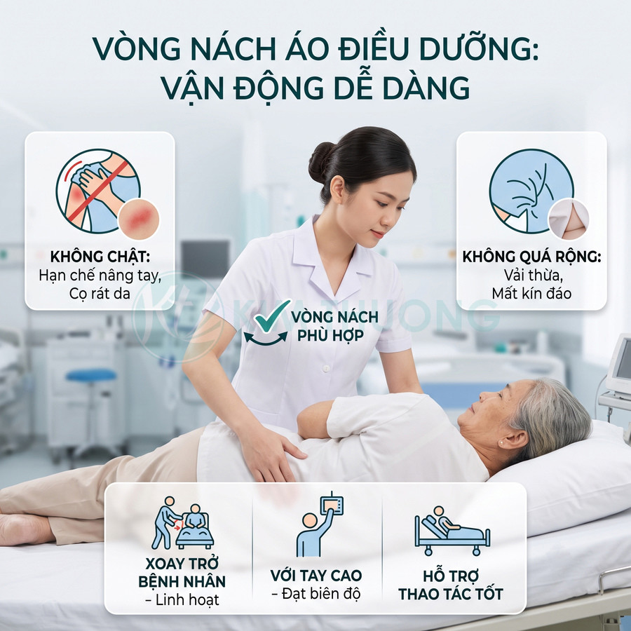 Áo điều dưỡng vòng nách phù hợp giúp nữ y tá xoay trở bệnh nhân cao tuổi trên giường dễ dàng