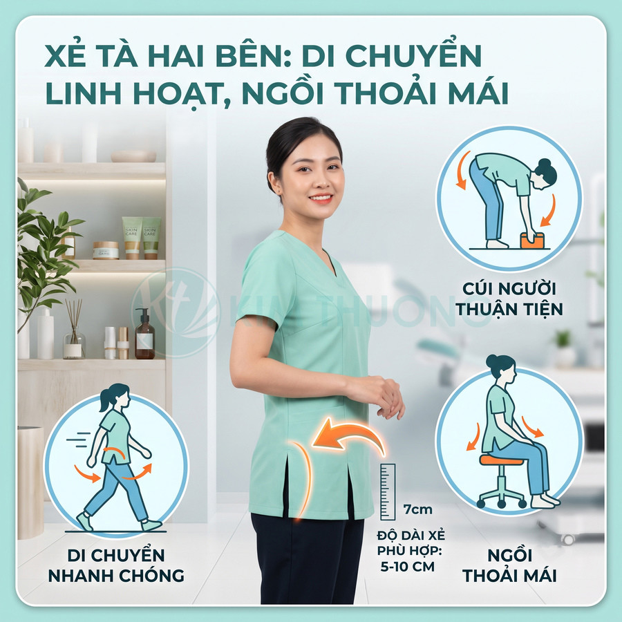 Đồng phục y tá màu xanh mint xẻ tà hai bên giúp di chuyển linh hoạt và ngồi cúi người thoải mái