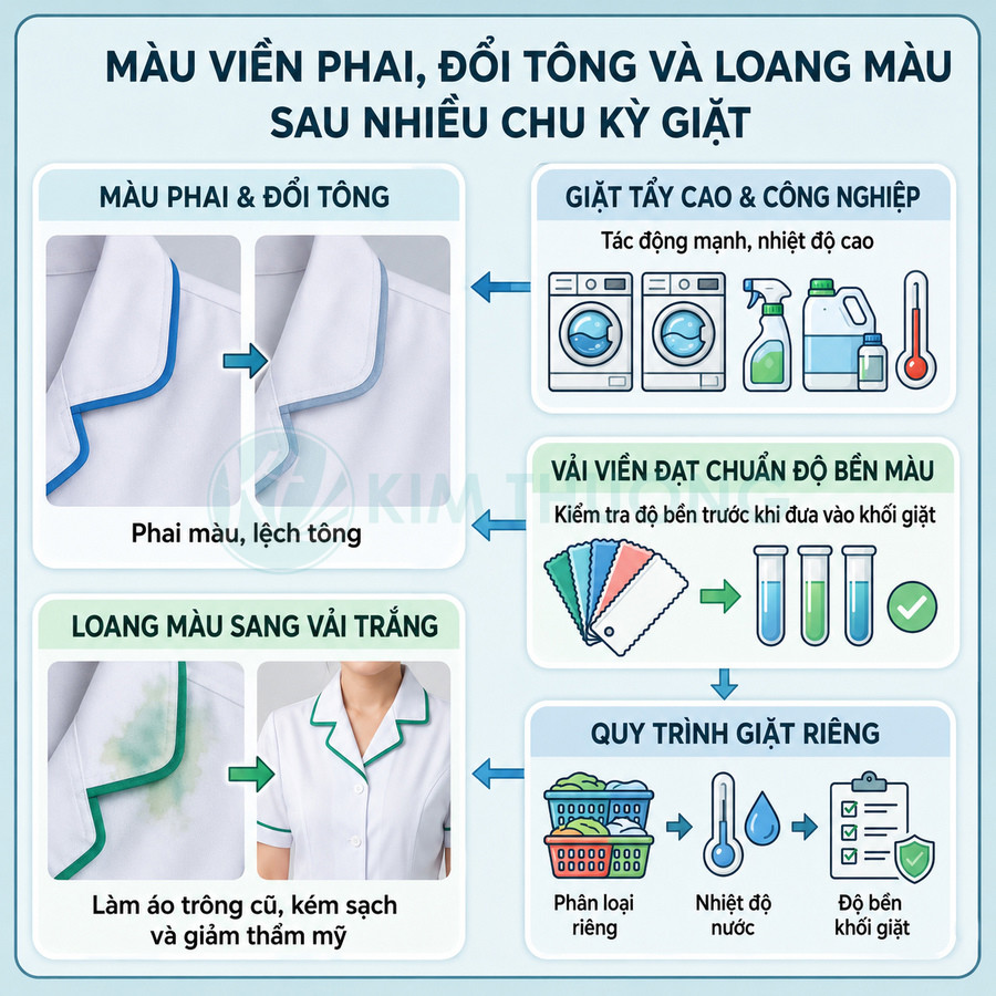 Infographic hướng dẫn chọn vải viền bền màu và quy trình giặt riêng để tránh phai loang áo trắng viền màu