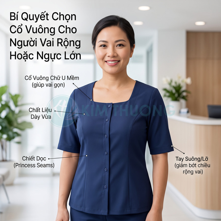 Đồng phục spa cổ vuông chữ U màu xanh navy cho người vai rộng hoặc ngực lớn, chất liệu dày vừa, tay lỡ