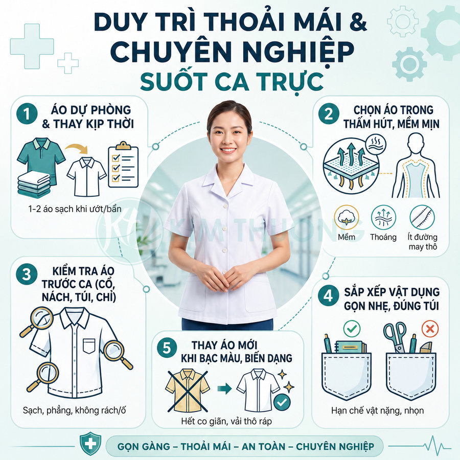 Nữ nhân viên y tế mặc áo blouse trắng đứng trong bệnh viện, minh họa hướng dẫn chọn và sử dụng đồng phục y khoa