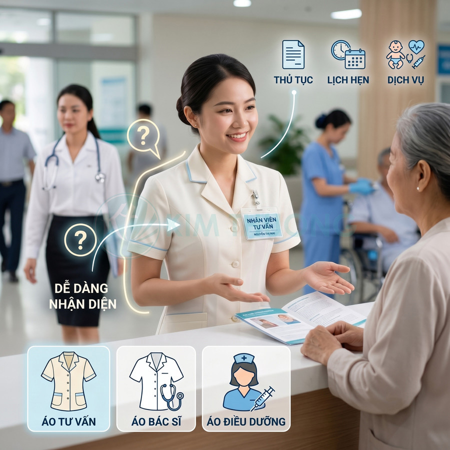 Nhân viên tư vấn bệnh viện mặc áo đồng phục màu kem hỗ trợ bệnh nhân tại quầy tiếp nhận