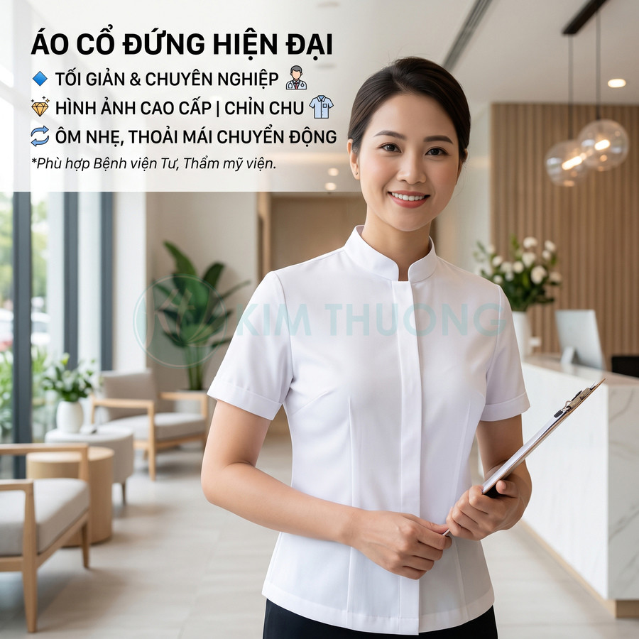Nữ nhân viên mặc áo đồng phục y tế cổ đứng màu trắng hiện đại, cầm bảng hồ sơ trong sảnh tiếp đón