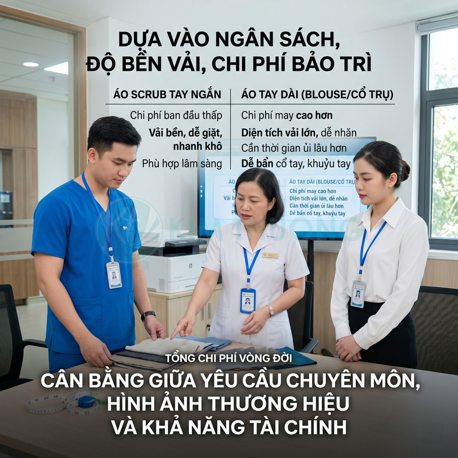 Nhân viên y tế tư vấn lựa chọn áo scrub tay ngắn và áo blouse tay dài trên bàn làm việc