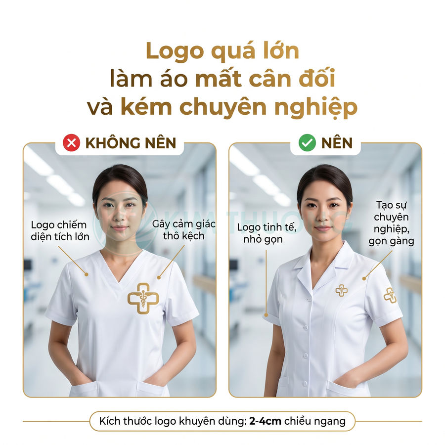 So sánh áo blouse y tế với logo quá lớn và logo nhỏ tinh tế tạo cảm giác chuyên nghiệp
